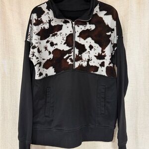 Black and Brown Cow Print Quarter-Zip Sweatshirt